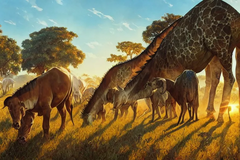 Image similar to a herd of pentasaurus grazing in a warm, sun-filled Savannah at the golden hour, water color, art by artgerm and greg rutkowski and alphonse mucha and jin xiaodi and anthony devine