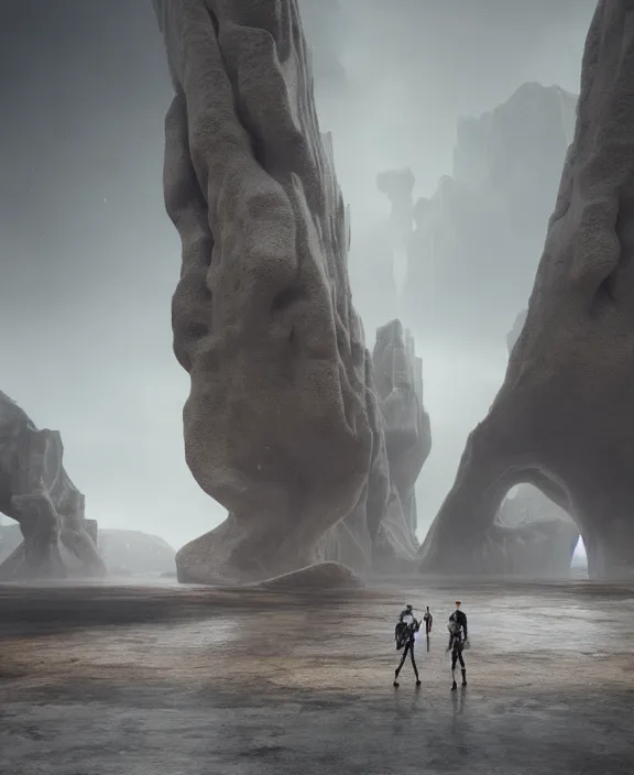 Image similar to surreal romantic prometheus inverted architecture white exploration base, ochre ancient palette, building architecture by ruan jia, futuristic, blame, white architecture in the beach in iceland, foggy, highly detailed, digital painting, arstation, concept art, hyperealistic octane render, unreal engine