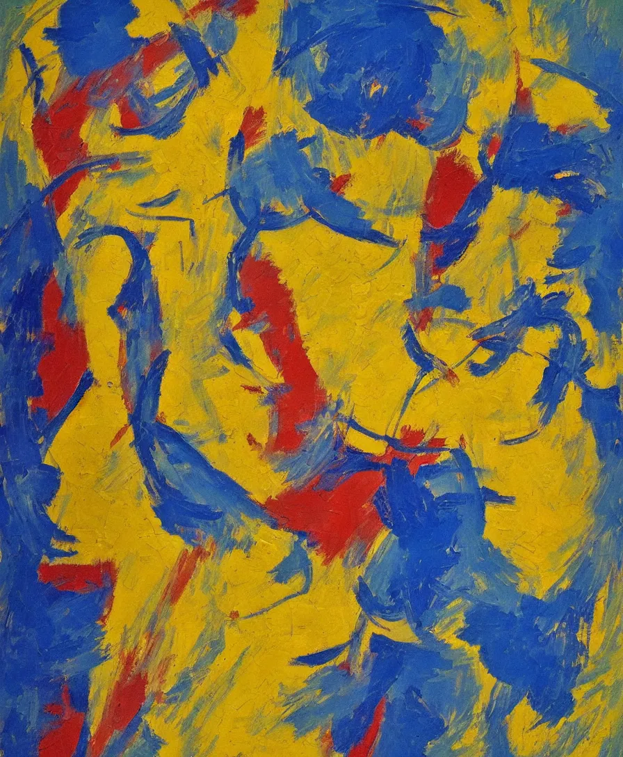 Image similar to a warrior with a blue and yellow flag defeats satan, expressive abstractionism, impressionism, many small saturated hard relief strokes of oil on canvas with high detail