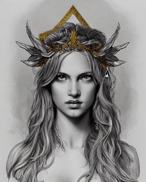 Image similar to front view of beautiful aphrodite greek goddess wearing a gold laurel wreath and triangle earrings, realism tattoo sketch, beautiful piercing eyes with sharp pupils, beautiful blonde hair, in the style of greg rutkowski, fantasy, amazing detail, epic, elegant, smooth, sharp focus