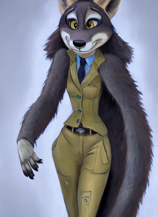 Image similar to oil painting of detailed full body of anthromorphic female wolf, in style of zootopia, zootopia, zootopia, fursona, furry, furaffinity, 4 k, deviantart, furry art, fursona art, wearing black business suit, business suit, in style of zootopia, wolf fursona, cyberpunk, female, expressive detailed feminine face,