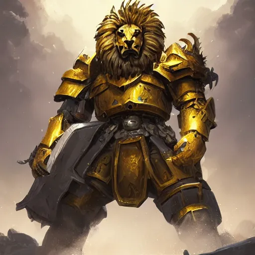 Image similar to yellow heavy armored knight with the head of a lion, lion head, epic fantasy style, in the style of Greg Rutkowski, hearthstone artwork