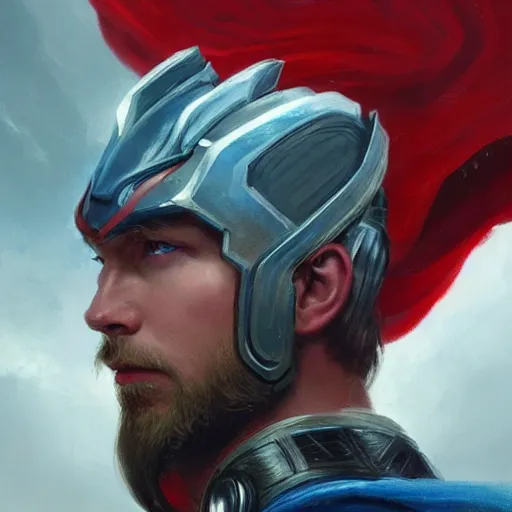 Prompt: a beautiful portrait of thor with blue thunder eyes and with his red cloak and clouds by greg rutkowski and thomas kinkade, trending on artstation.