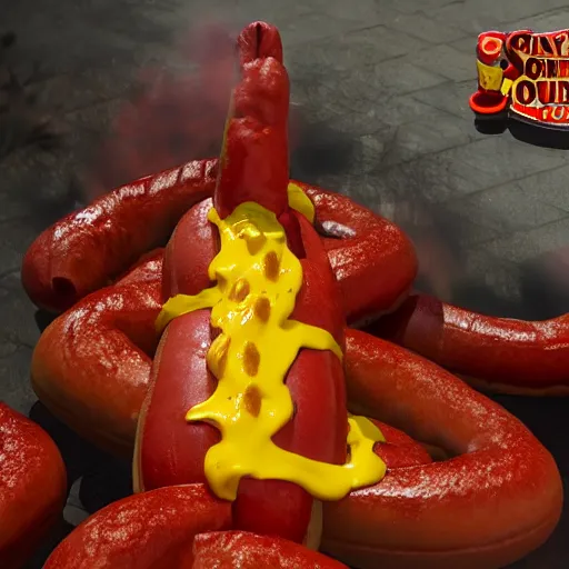 Image similar to a giant hotdog demon spiting spicy mustard. eldenring boss, zbrush, arnold render, unrealengine 5, dark souls, horror, extremely detailed