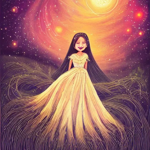 Image similar to A beautiful illustration of a woman with long flowing hair, wild animals, and a dark, starry night sky. Wanda Gág by Lilia Alvarado ornate