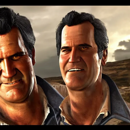 Image similar to a screenshot of bruce campbell in read dead redemption. 3 d rendering. unreal engine. amazing likeness. very detailed. cartoon caricature