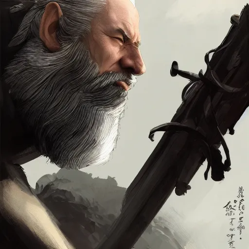 Image similar to ronin, old, white beard, wrinkles, handsome, action pose, katana, profile, intricate, detailed, volumetric lighting, scenery, digital painting, highly detailed, artstation, sharp focus, illustration, concept art, ruan jia, steve mccurry