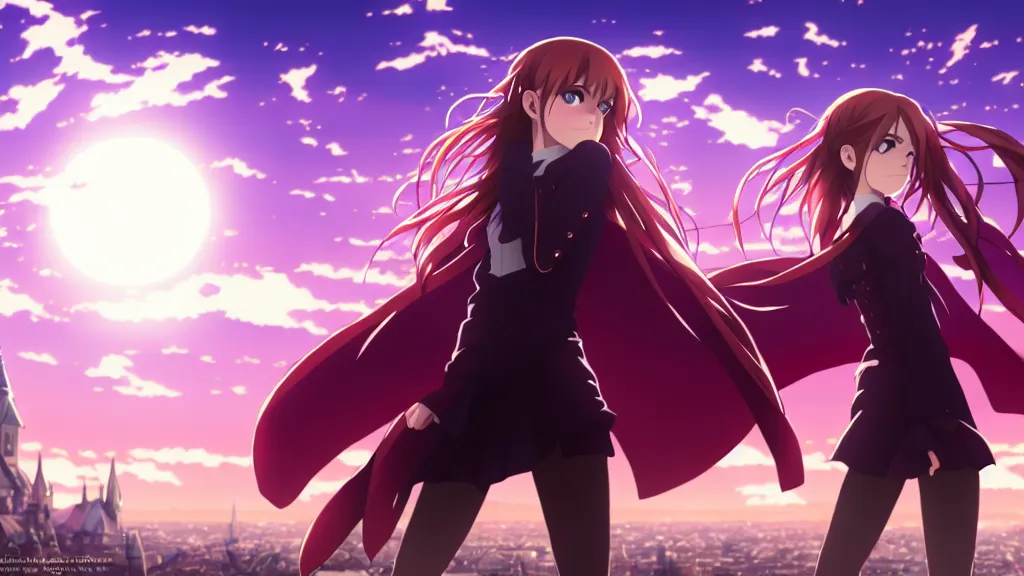 Image similar to emma watson, heavens feel movie, demon slayer, ufotable, kyoani, high quality, artstation, key visual, cinematic, city background, night time, rooftop, fate stay night, unlimited blade works, greg rutkowski, high resolution, dynamic pose, extreme close up, rin outfit, anime, high angle, high budget