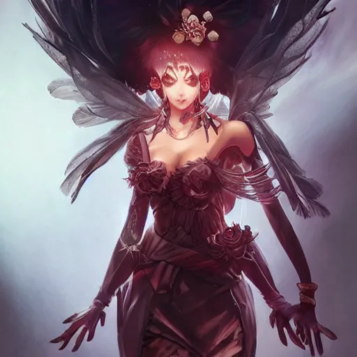 Image similar to charming character yae miko from video game genshin impact full body, dark aesthetic, intricate, elegant, sharp focus, illustration, highly detailed, digital painting, concept art, matte, art by wlop and artgerm and greg rutkowski and ross tran, masterpiece