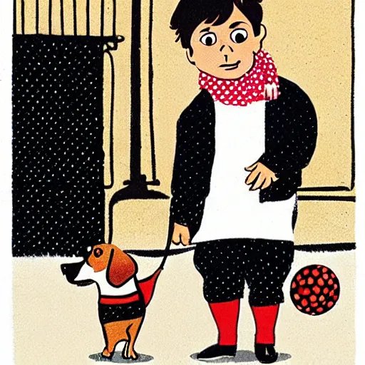 Image similar to book illustration of a french boy on the streets of paris playing football against a corgi, the dog is wearing a polka dot scarf, 1 9 6 6