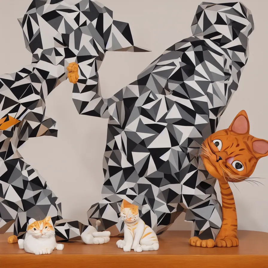 Prompt: beautiful gallery show studio photograph of a giant realistic geometric ceramic sculpture of garfield and nermal cat!!!!, heavily glazed by bridget riley and victor vasarely, placed on a polished wooden table, colorful hyperrealism 8 k trending on artstation