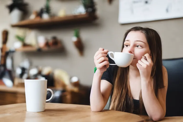 Prompt: girl drinking coffee with pepe the frog in a cafe, studio photo