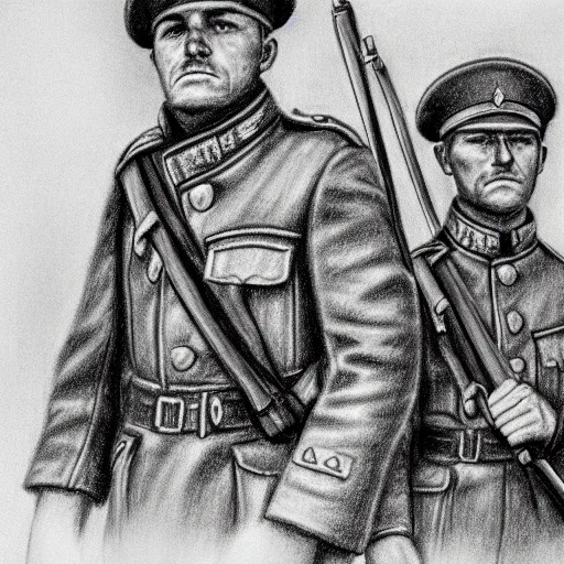 Image similar to a very detailed pencil drawing of a german soldier and a soviet soldier 4 k, high resolution, still, landscape, hd, dslr, hyper realistic, sketch