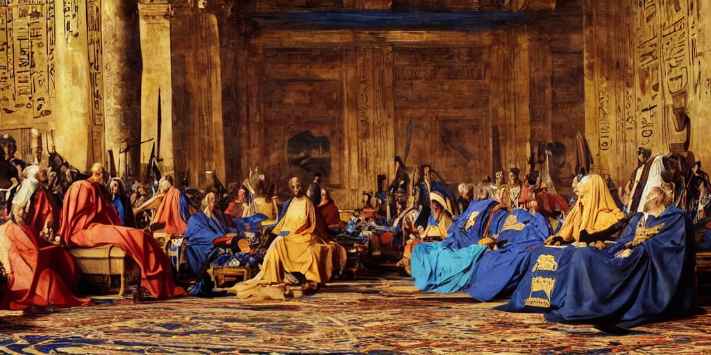 Prompt: beautiful oil matte portrait painting, ancient senators in royal crimson robes sit in tribunes of an egyptian blue palace hall, art by anders zorn, highly detailed, beautiful cinematic light deep focus, elegant, digital painting, smooth, sharp focus, golden ratio, dramatic illumination, art by artemisia lomi gentileschi and caravaggio