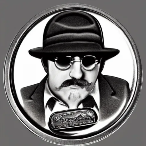 Prompt: A photograph of a delicious unwrapped chocolate coin which is engraved with a portrait of leon redbone circa 1975, smoking a cigar and wearing a greek fisherman's cap, highly detailed, close-up product photo, depth of field, sharp focus, soft lighting