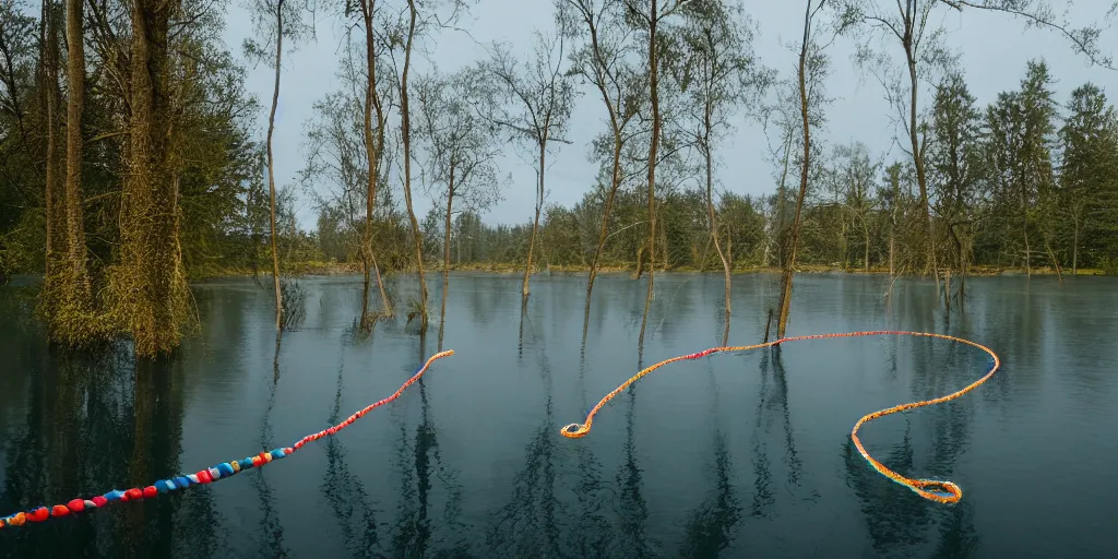 Image similar to an infinitely long colored rope zig - zagging across the surface of the water into the distance, floating submerged rope stretching out towards the center of the lake, a dark lake on an overcast day, atmospheric, color film, trees in the background, hyper - detailed photo, anamorphic lens