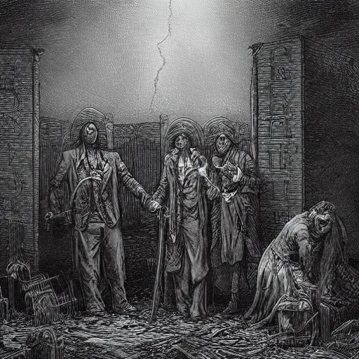 Image similar to nine steel barrels in a graveyard with 2 zombies, creepy atmosphere, dark, portrait, realistic, very realistic, illustration by gustave dore