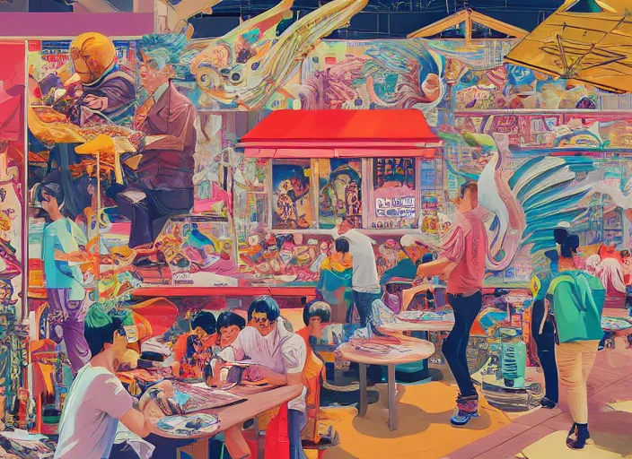 Image similar to Singapore prime ministers in a hawker centre, Tristan Eaton, victo ngai, artgerm, RHADS, ross draws