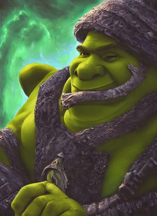 Prompt: dramatic oil painting of shrek as thrall from world of warcraft, artstation, shrek, epic, dramatic,