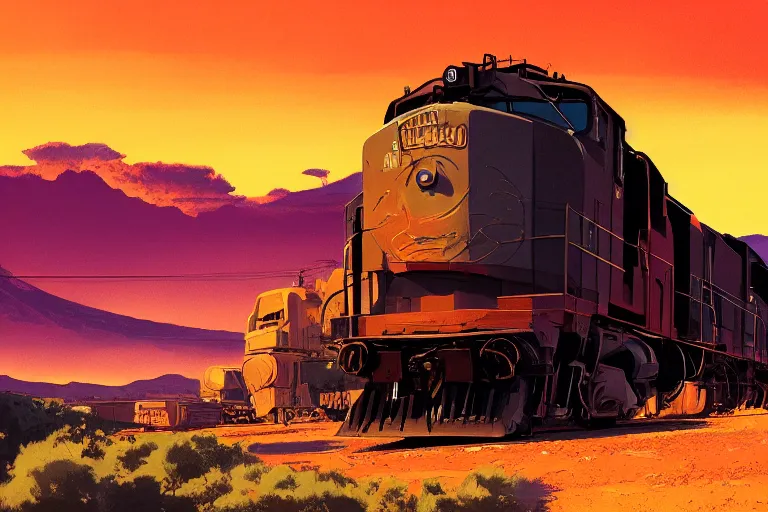 Image similar to idyllic old western freight train illustration by syd mead, artstation, 4 k, graphic novel, concept art, matte painting, steam engine spewing billowy white clouds of steam, beautiful mountain desert sunset background, golden hour