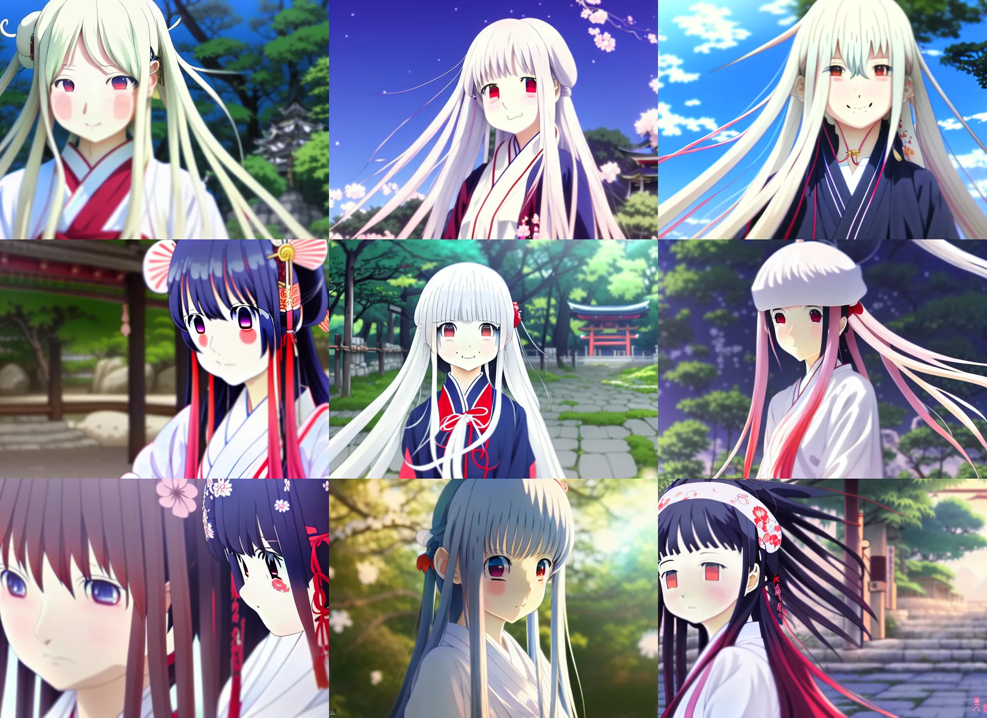 Prompt: anime frame full body portrait of a young japanese girl with long white hair in traditional clothing at a shrine, facial features, dynamic pose, pixiv fanbox, yoshinari yoh makoto shinkai takashi takeuchi, akihiko yoshida, gapmoe, 4 k