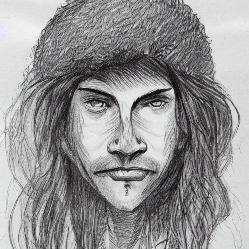 Image similar to sketch of a caucasian face, medium long hair, bad skin, skinny, oval head shape, smiling, climber, weed, mushroom