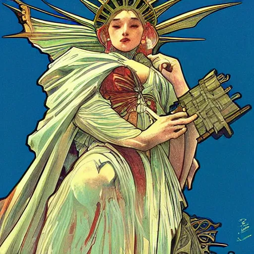 Image similar to Lady Liberty riding the red dragon of china, highly detailed, digital painting, smooth, sharp focus, illustration alphonse mucha