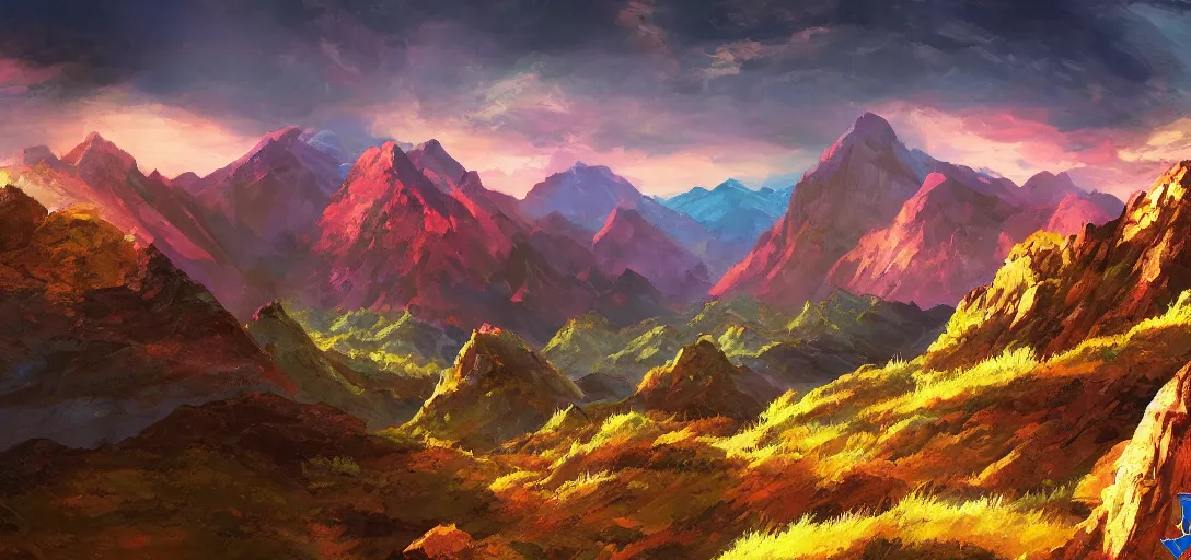 Image similar to vast mountain landscape, craggy mountains, magic the gathering, three - colors, three - color color palette, panoramic, wide angle, horizon, highly detailed