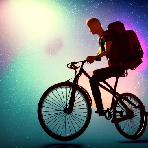 Image similar to A portrait of a man riding a bicycle in space, backlight, volumetric lighting, detailed, trending on artstation, 8k, octane render