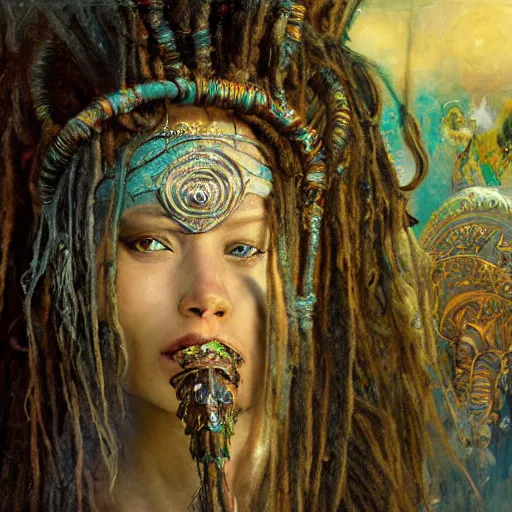 Prompt: intricate detail, hyper detail, lady of elche techno mystic goddess princess intergalactica, goddess kali maa, with aqua neon rapunzel dreadlocks, mami wata, detailed, by gaston bussiere, bayard wu, greg rutkowski, h. r. giger, greg rutkowski, sandro botticelli, masterpiece, sharp focus,