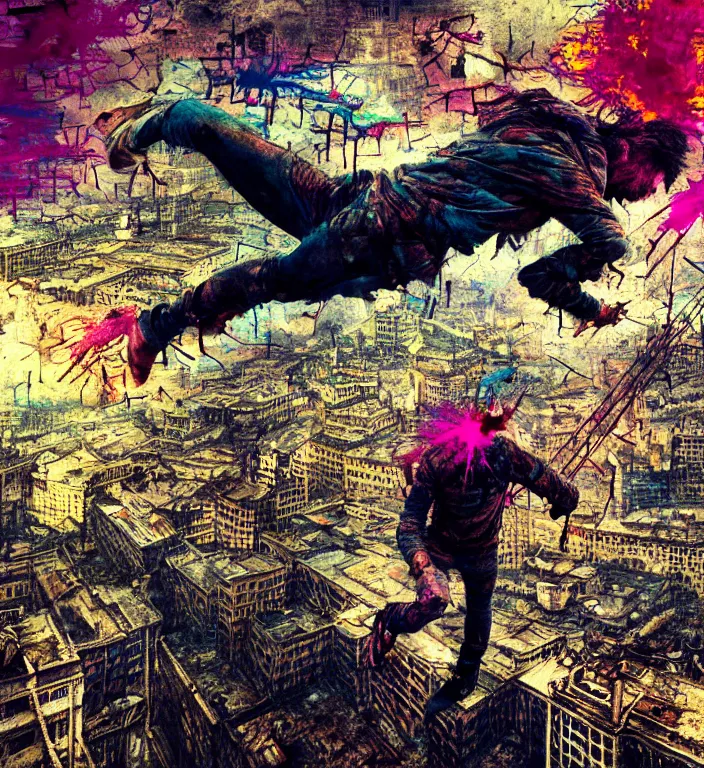 Image similar to realistic detailed image of a man jumping of a roof of ruined city, corrupted oversaturated 4 k uncropped photo by arthur rackham and francis bacon, high quality, ultra detailed. masterpiece, oil on canvas painting, pixel sorting, glitch, datamosh. bold and vivid acid neon colors. 8 k
