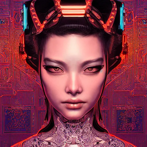 Image similar to the portrait of an absurdly beautiful, graceful, elegant, sophisticated, fashionable cyberpunk gravure idol, an ultrafine hyperdetailed illustration by kim jung gi, irakli nadar, intricate linework, bright colors, porcelain skin, unreal engine 5 highly rendered, global illumination, radiant light, detailed and intricate environment