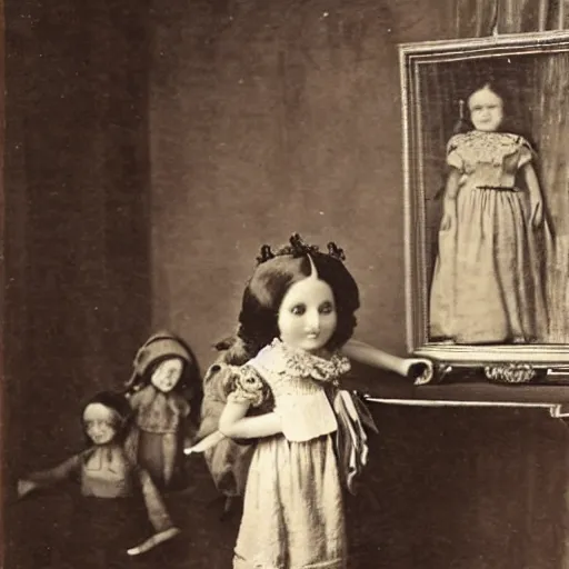 Image similar to 1 8 0 0 s portrait of a girl in a room full of dolls, creepy, historical photograph