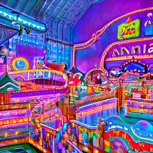 Image similar to photo - realistic, beautiful, cinimatic lunapark of liminal space