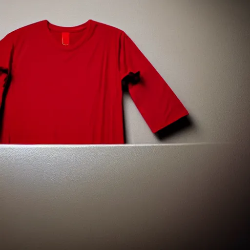 Prompt: high definition professional photo of a red t - shirt laying on a bed, displayed, promotional