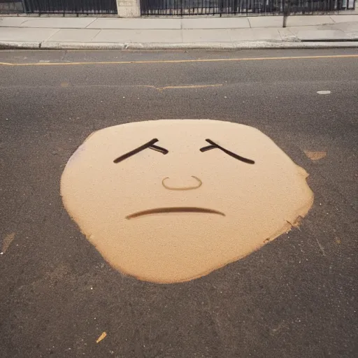 Image similar to photo of a smiling human face coming out of a pile of beige goo in the middle of a city street