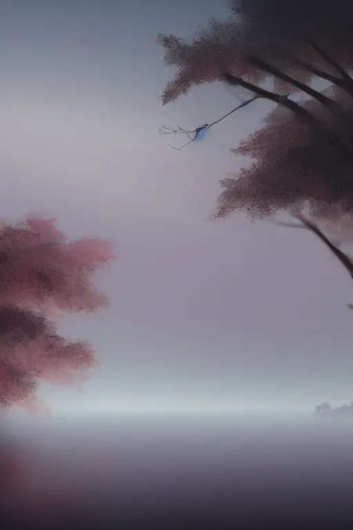 Image similar to misty fog over a lake at night, land in the distance, cherry blossoms, illustration, light beams, simple, minimalist, digital art, oil painting, fantasy, 8 k, trending on artstation, detailed