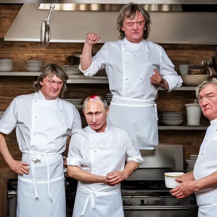 Image similar to vladimir putin and james may in white apron in kitchen cooking dinner. stock photo, high key lighting, photograph