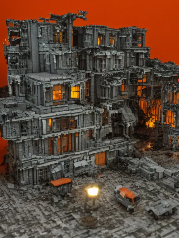 Image similar to mega detailed miniature voxel diorama abandoned labolatory, cold war era, brutalism architecture, suburban, hard lights are on in the windows, dark night, fog, winter, blizzard, uncozy and dark atmosphere, row of street lamps with cold orange light, several ruins nearby, 1 9 6 0