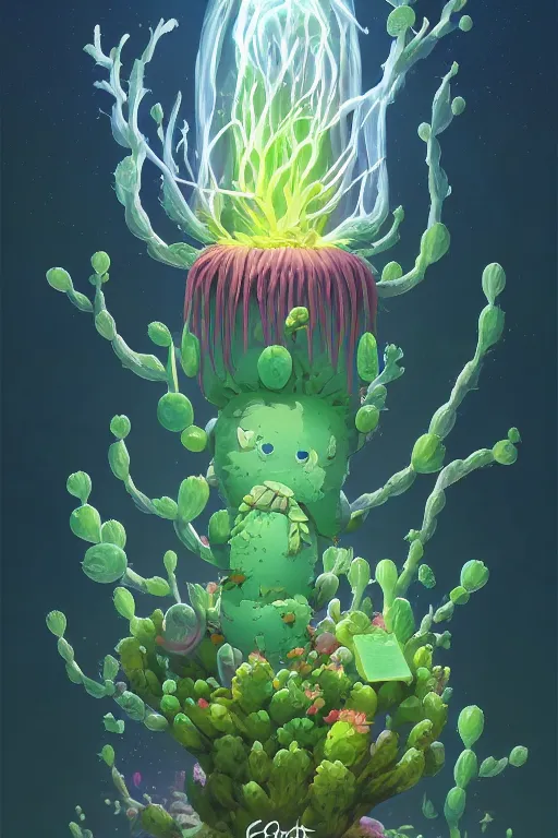 Image similar to roots cactus sushi cristal smurf ghost creature animal sushi cristal very big eye roots cactus elemental flush of force nature micro world fluo fishscale, behance hd by jesper ejsing, by rhads, makoto shinkai and lois van baarle, ilya kuvshinov, rossdraws radiating a glowing aura global illumination ray tracing hdr