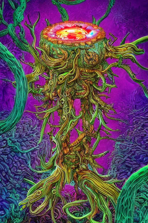 Image similar to creature sushi roots cactus elemental flush of force nature micro world fluo light deepdream a wild amazing steampunk baroque ancient alien creature, intricate detail, colorful digital painting radiating a glowing aura global illumination ray tracing