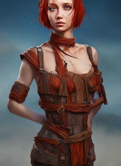 Image similar to Redhead girl which chest wrapped in bandages in desert, portrait, fantasy, medieval, vivid colors, fantasy, elegant, concept art, sharp focus, beautiful face, digital art, Hyper-realistic, 4K, Unreal Engine, Highly Detailed, HD, Dramatic Lighting by Brom, trending on Artstation