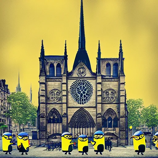 Image similar to “minions laughing as the Notre dame burns behind them, 4k, digital art, award winning”