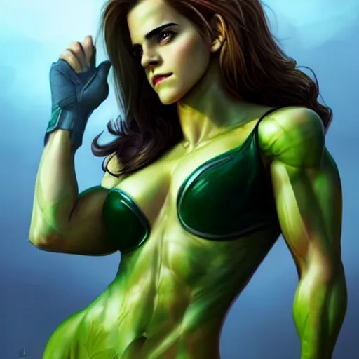 Prompt: emma watson as she hulk, realistic, intricate, elegant, art by artgerm and wlop