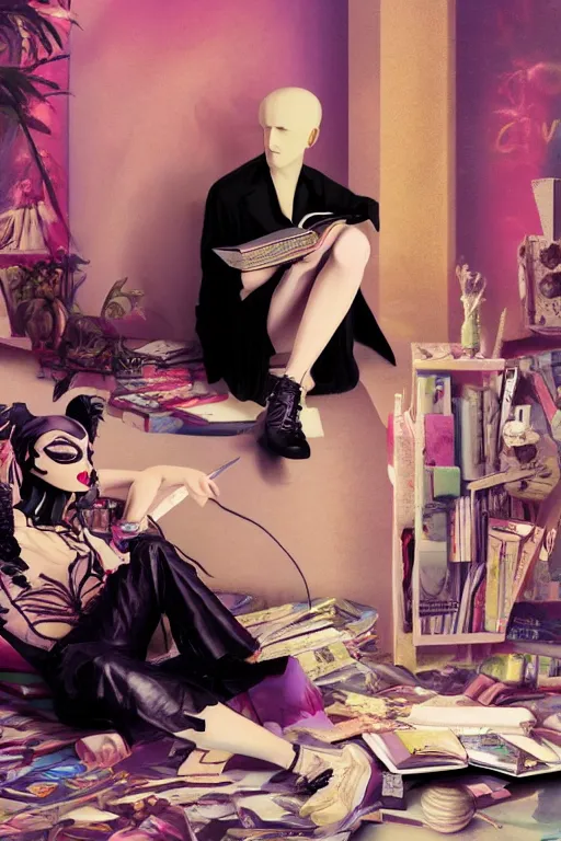 Prompt: goth guy sitting on the floor of a cluttered 9 0 s bedroom reading a book by rolf armstrong, vaporwave colors, lo - fi, 4 k, hd,