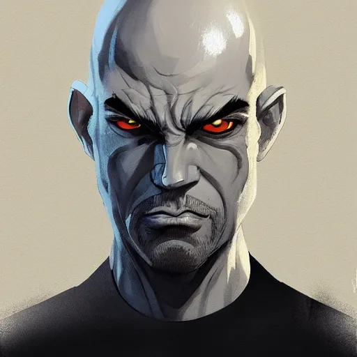 Prompt: bald man with plastic black spike driven through his eyes, flat side facing forward, points coming out back of his head, portrait, behance hd artstation, style of jesper ejsing