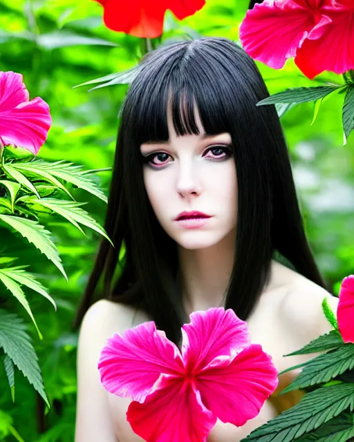 Prompt: an stunning beautiful girl is surrounded by colourful hibiscus flowers and marijuana plants, symmetric face and eyes, manga style, long straight black hair, visible face 8 k, soft focus, melanchonic soft light, volumetric lighting, highly detailed realistic, refined, highly detailed, soft blur outdoor lighting, fine art fashion photography 5 0 mm f 2