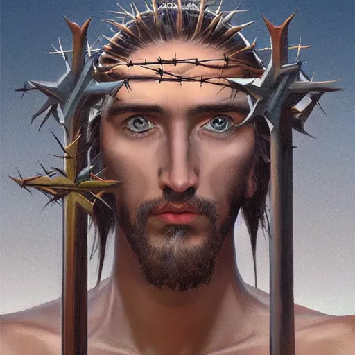 Image similar to portrait of lizard jesus, surrealist, crown of thorns, cross, christianity, intricate, elegant, highly detailed, centered, grungy, digital painting, artstation, concept art, smooth, sharp focus, boris vallejo