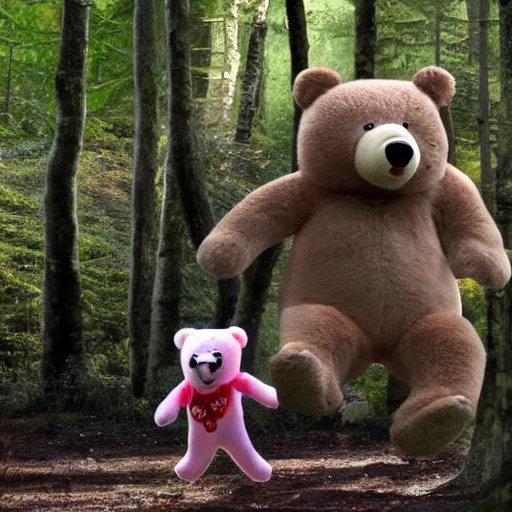 Prompt: bloodthirsty teddie bears chasing 2 children in the forest
