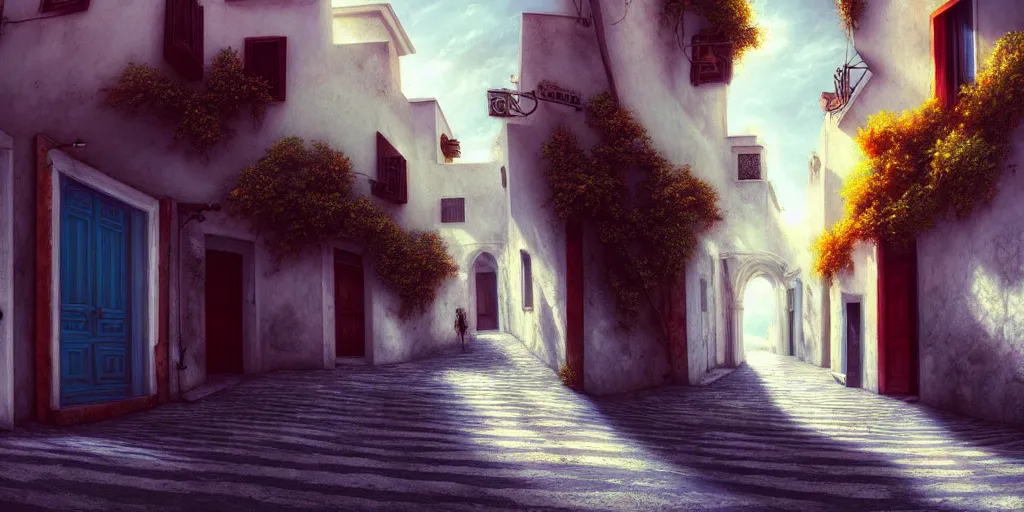 Prompt: a lonely street of capri, epic professional digital art, fisheye lens, best on artstation, cgsociety, wlop, Behance, pixiv, astonishing, impressive, outstanding, epic, cinematic, stunning, gorgeous, much detail, much wow, masterpiece.